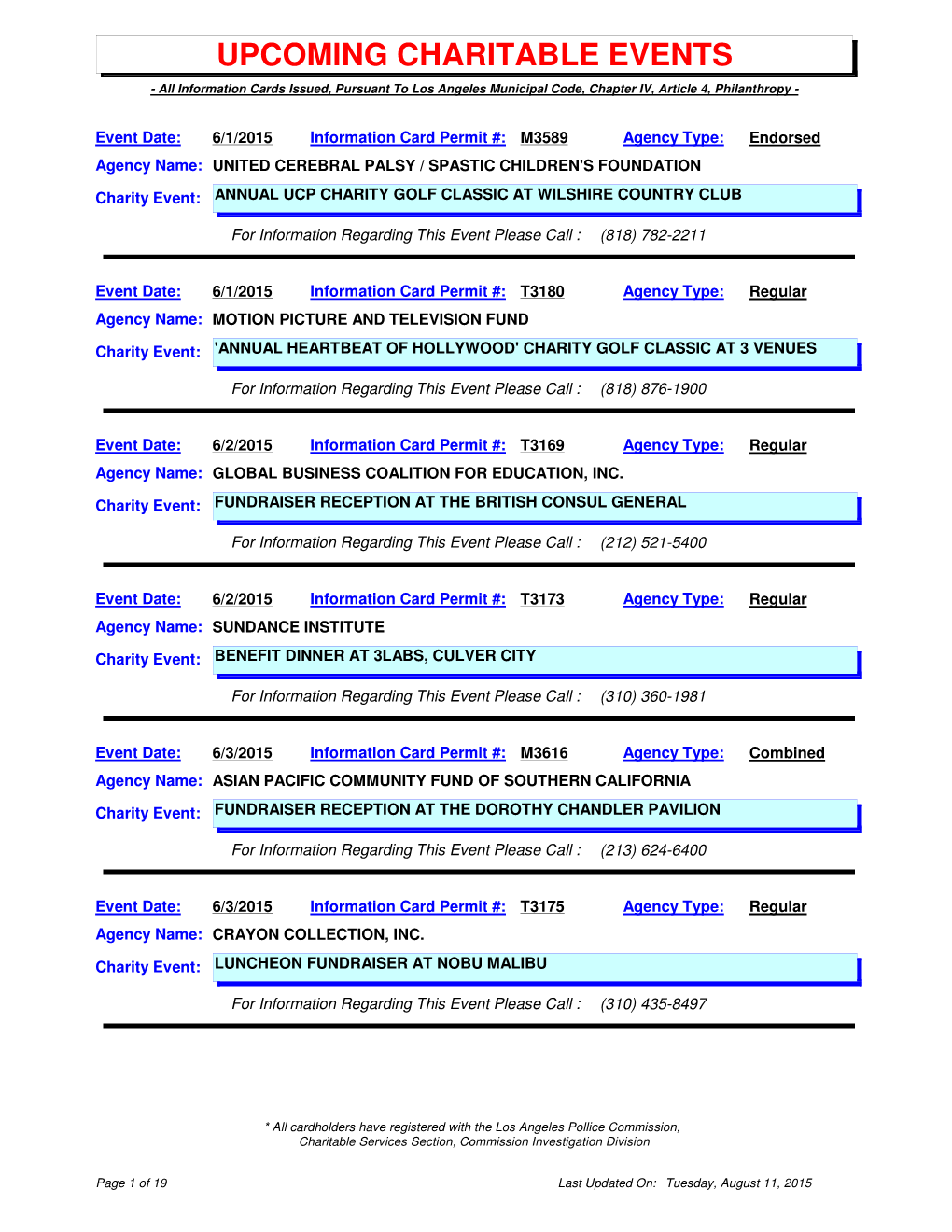 UPCOMING CHARITABLE EVENTS - All Information Cards Issued, Pursuant to Los Angeles Municipal Code, Chapter IV, Article 4, Philanthropy