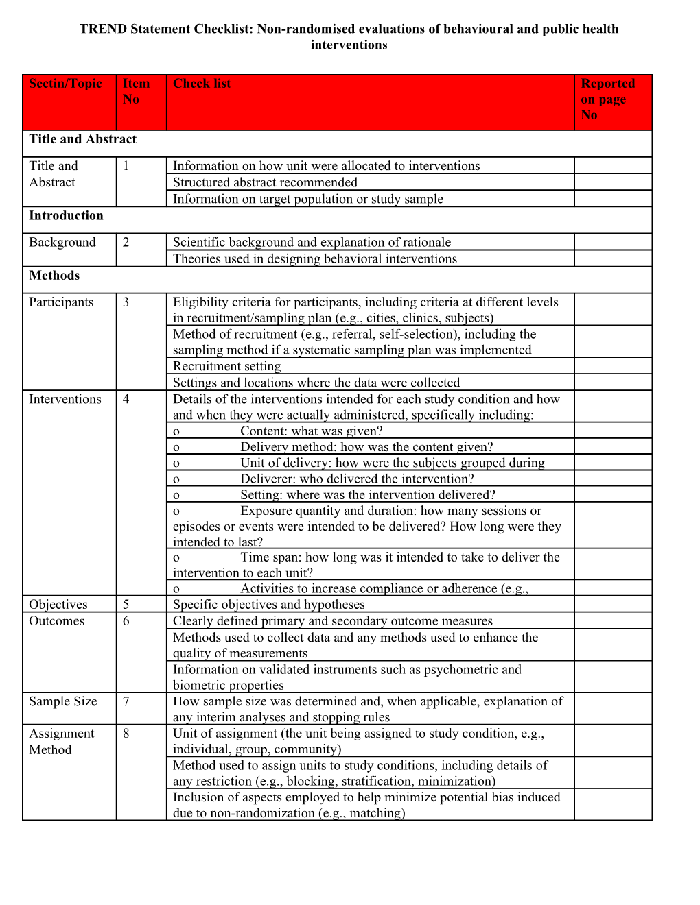 Transparent Reporting of Evaluations with Nonrandomized Designs (TREND)