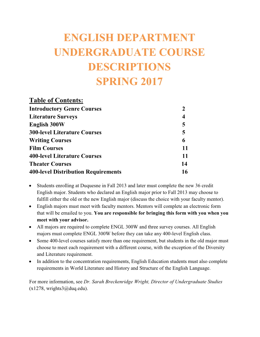 English Department Undergraduate Course Descriptions