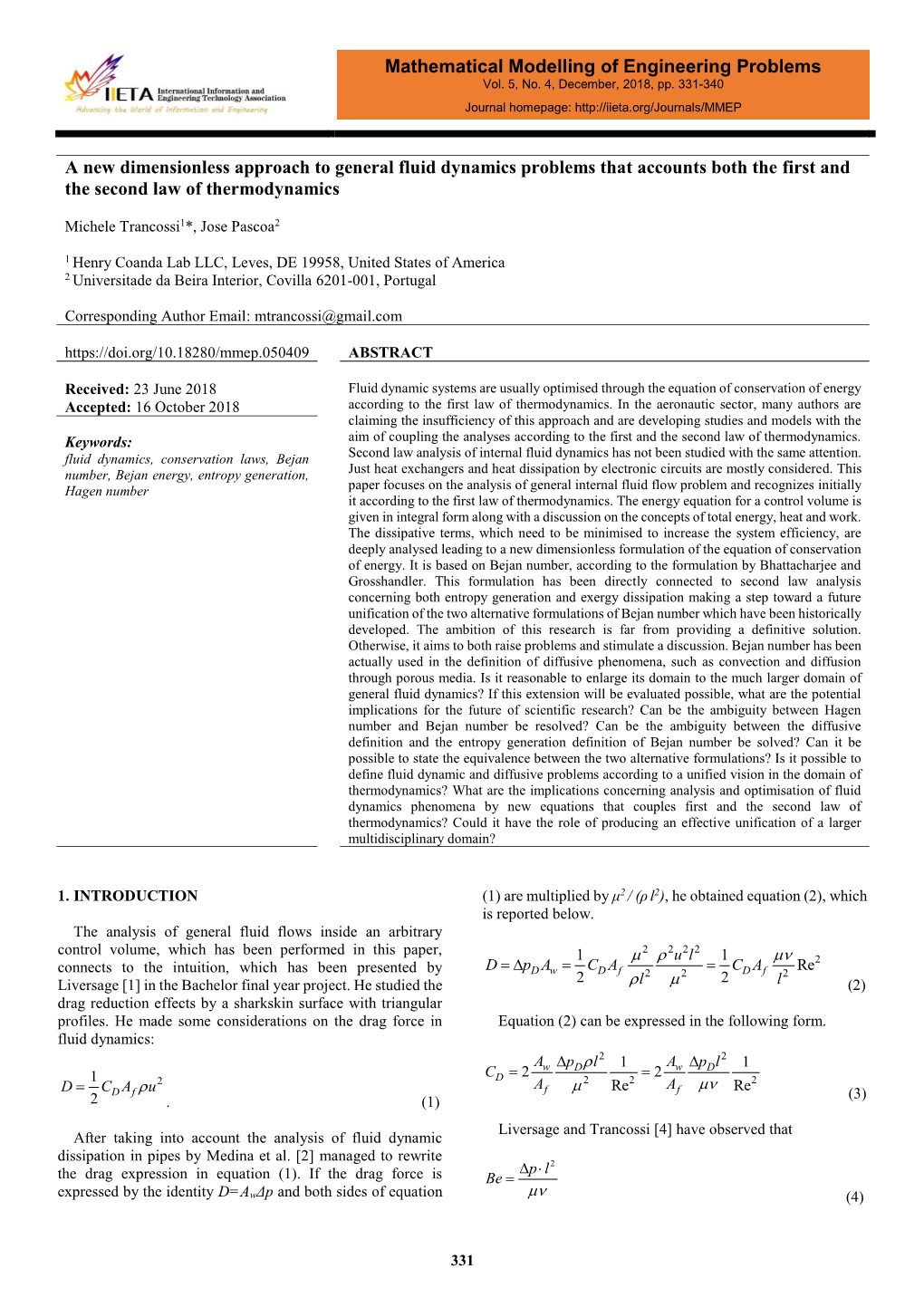 A New Dimensionless Approach to General Fluid Dynamics Problems That Accounts Both the First and the Second Law of Thermodynamics