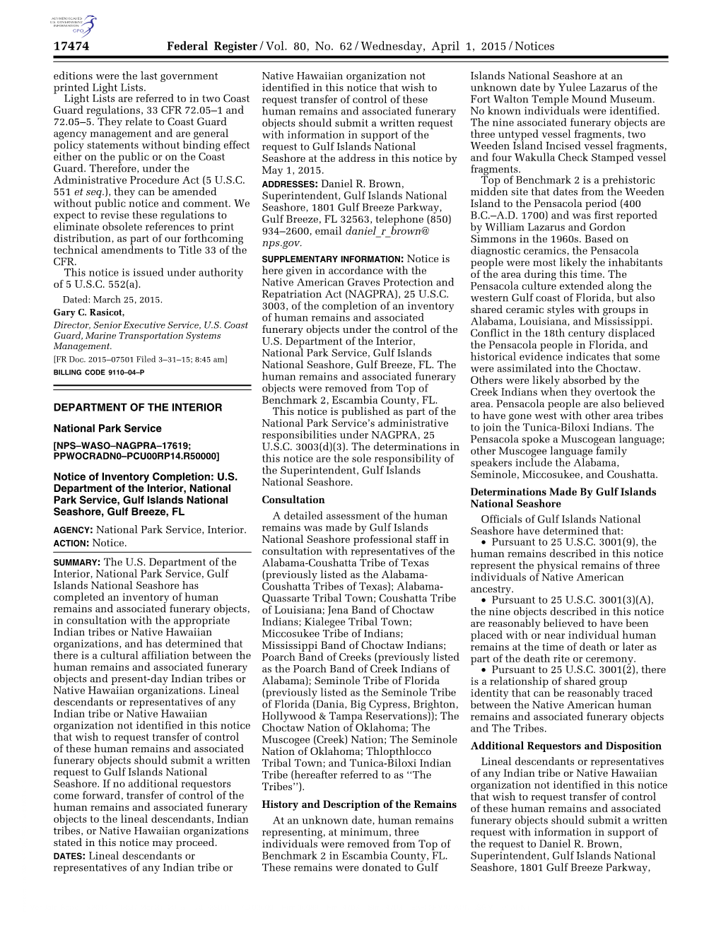 Federal Register/Vol. 80, No. 62/Wednesday, April 1, 2015/Notices