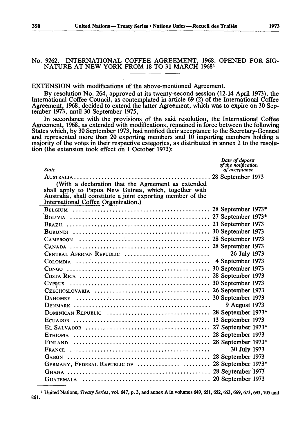 No. 9262. INTERNATIONAL COFFEE AGREEMENT, 1968. OPENED for SIG NATURE at NEW YORK from 18 to 31 MARCH 19681