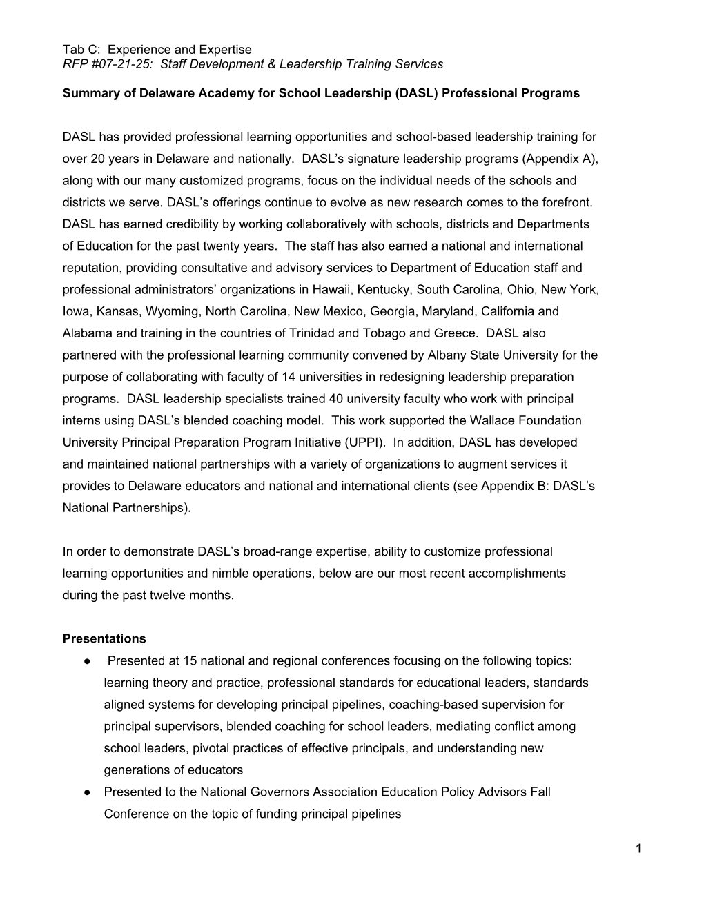 Tab C: Experience and Expertise RFP #07-21-25: Staff Development & Leadership Training Services