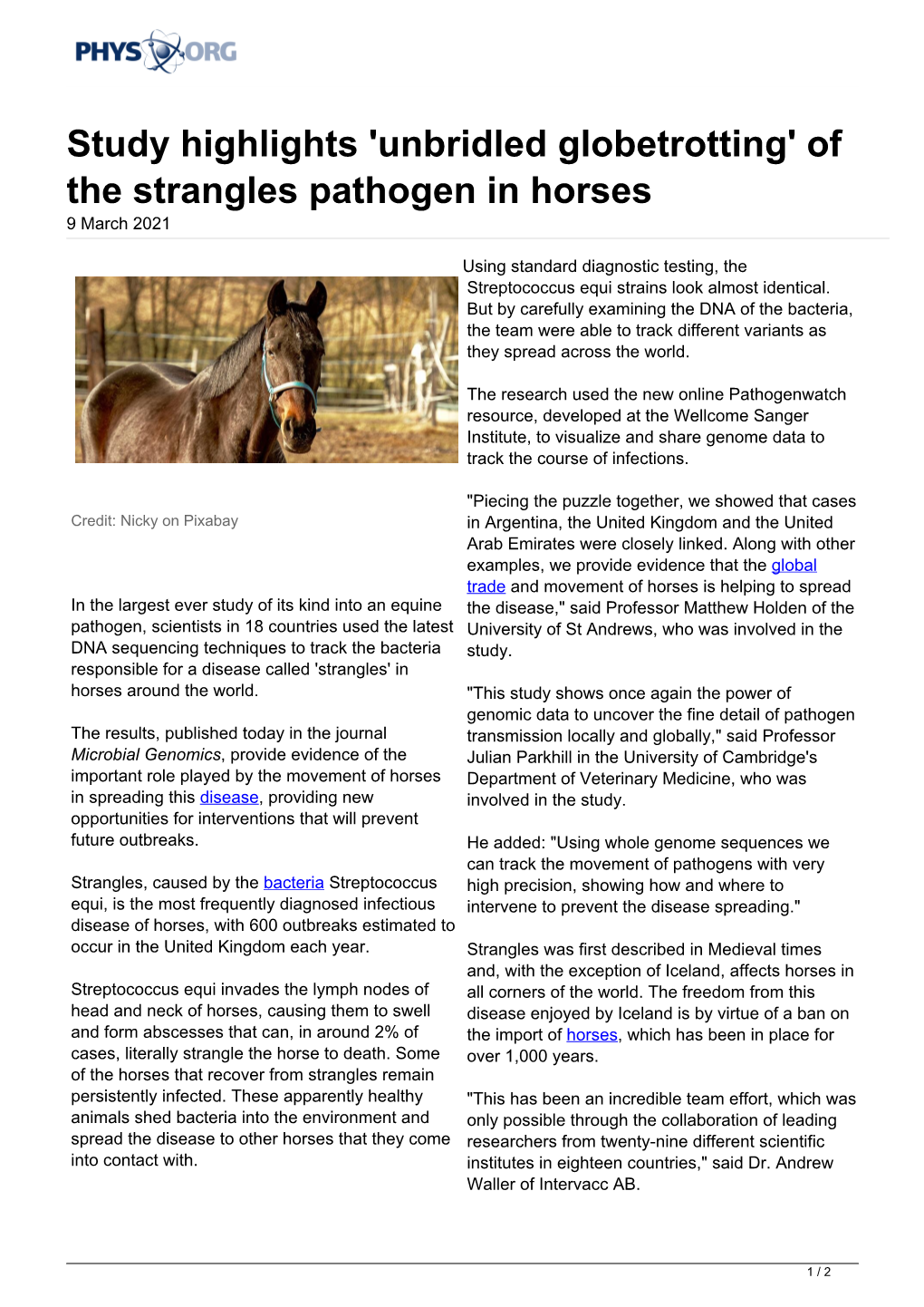 'Unbridled Globetrotting' of the Strangles Pathogen in Horses 9 March 2021