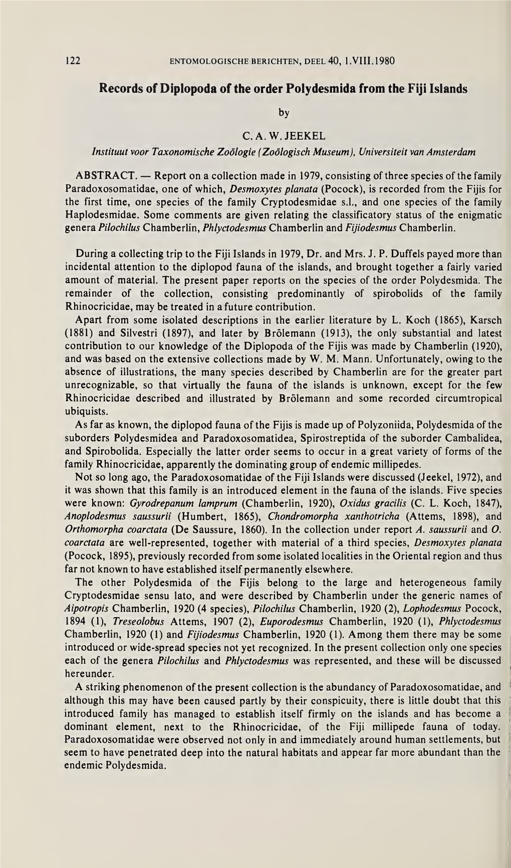 Records of Diplopoda of the Order Polydesmida from the Fiji Islands