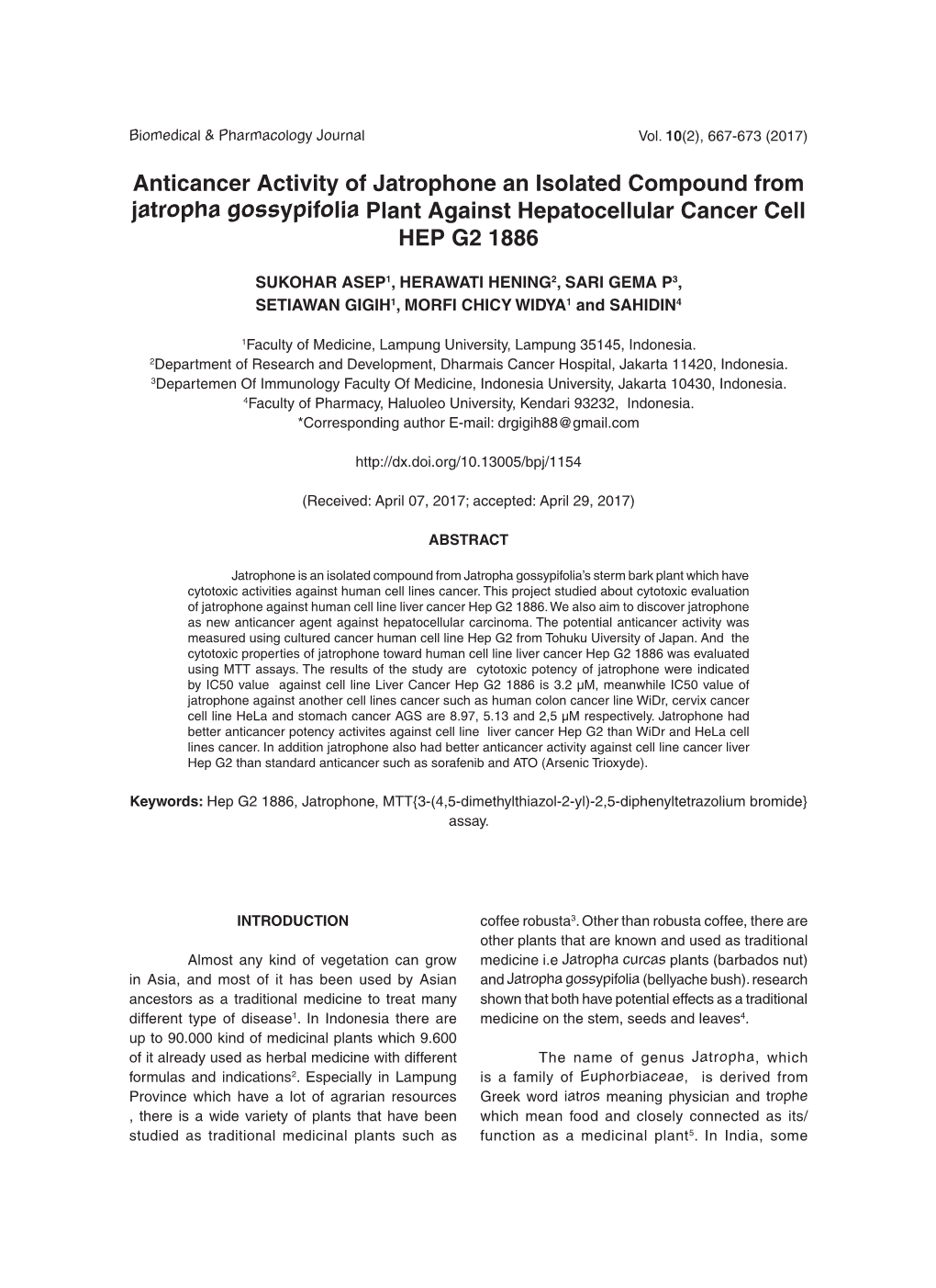 Anticancer Activity of Jatrophone an Isolated Compound from Jatropha Gossypifolia Plant Against Hepatocellular Cancer Cell HEP G2 1886