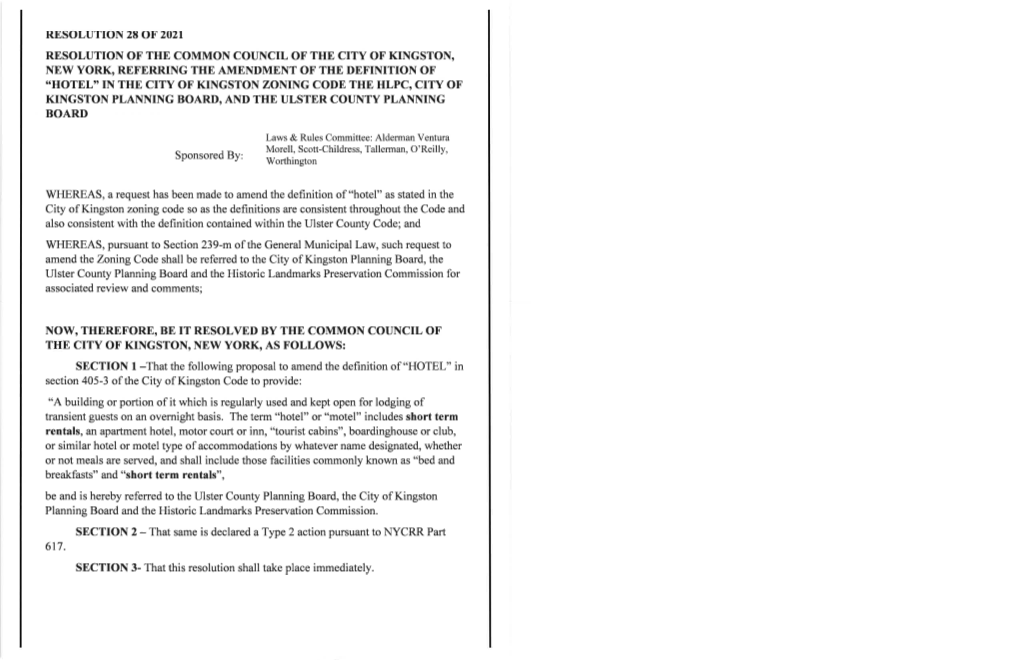 Resolution 28 of 2O2i Resolution of the Common Council of the City of Kingston, New York, Referring the Amendment of the Definit