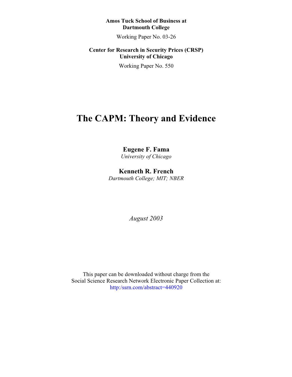 The CAPM: Theory and Evidence