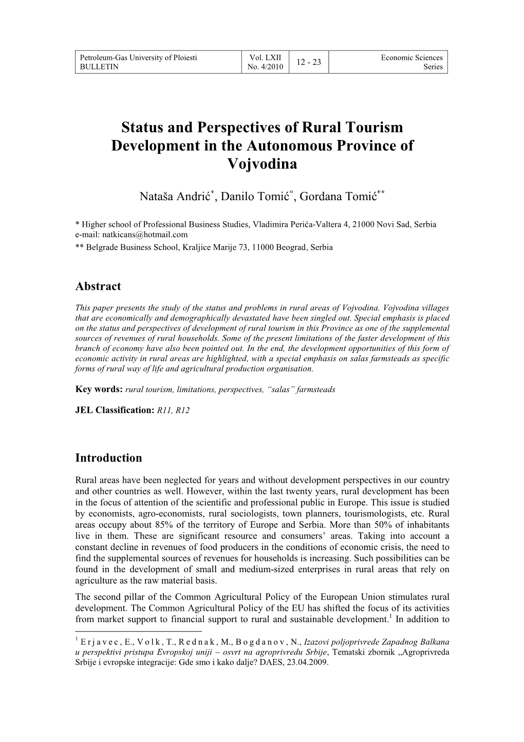 Status and Perspectives of Rural Tourism Development in the Autonomous Province of Vojvodina