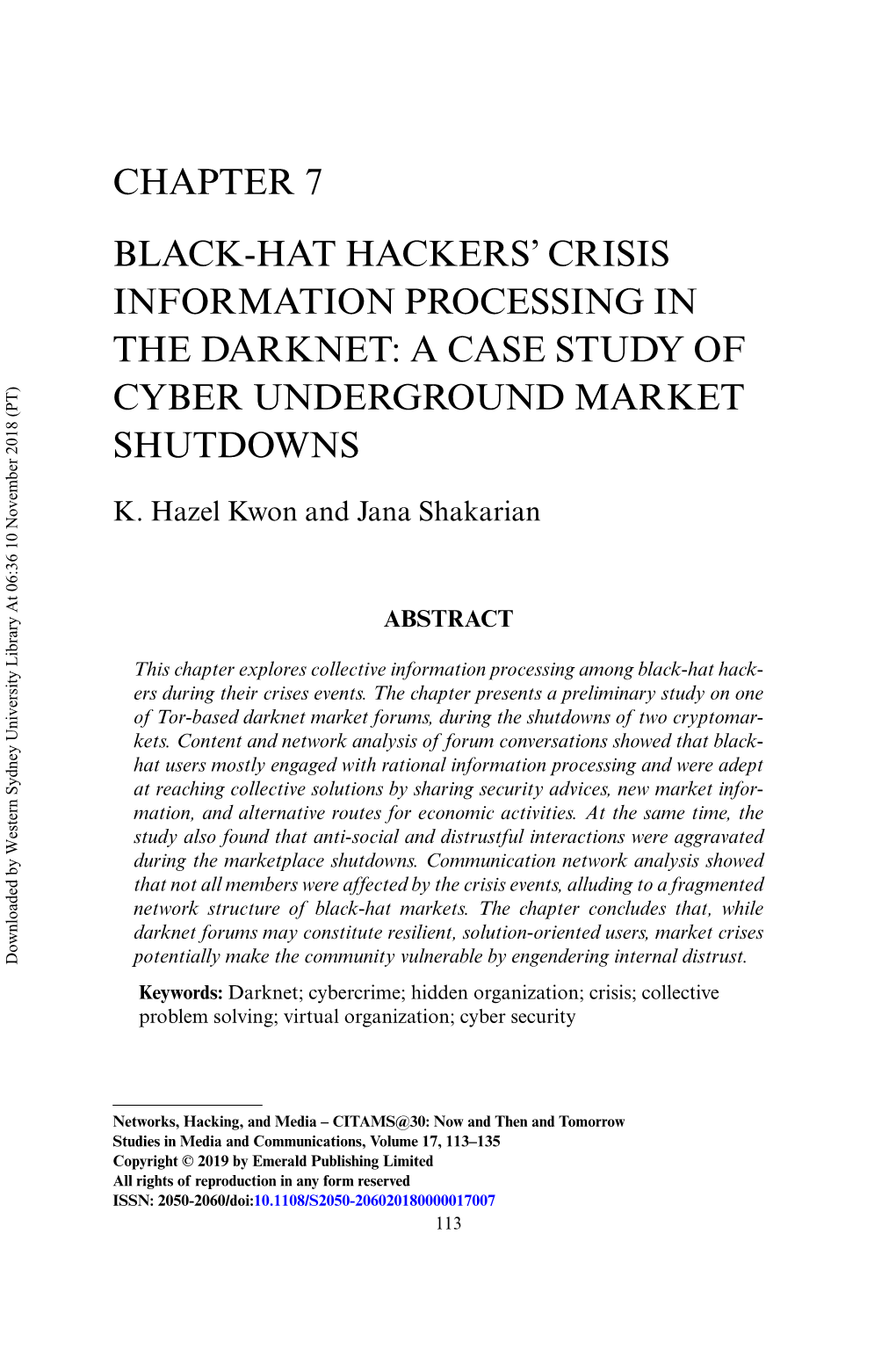 Chapter 7: Black-Hat Hackers' Crisis Information Processing in the Darknet: a Case Study of Cyber Underground Market Shutdow