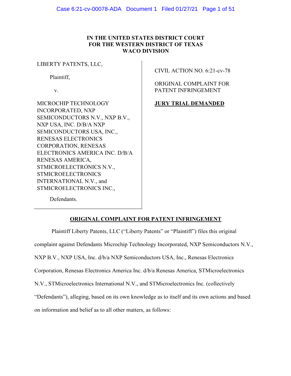 Case 6:21-Cv-00078-ADA Document 1 Filed 01/27/21 Page 1 of 51