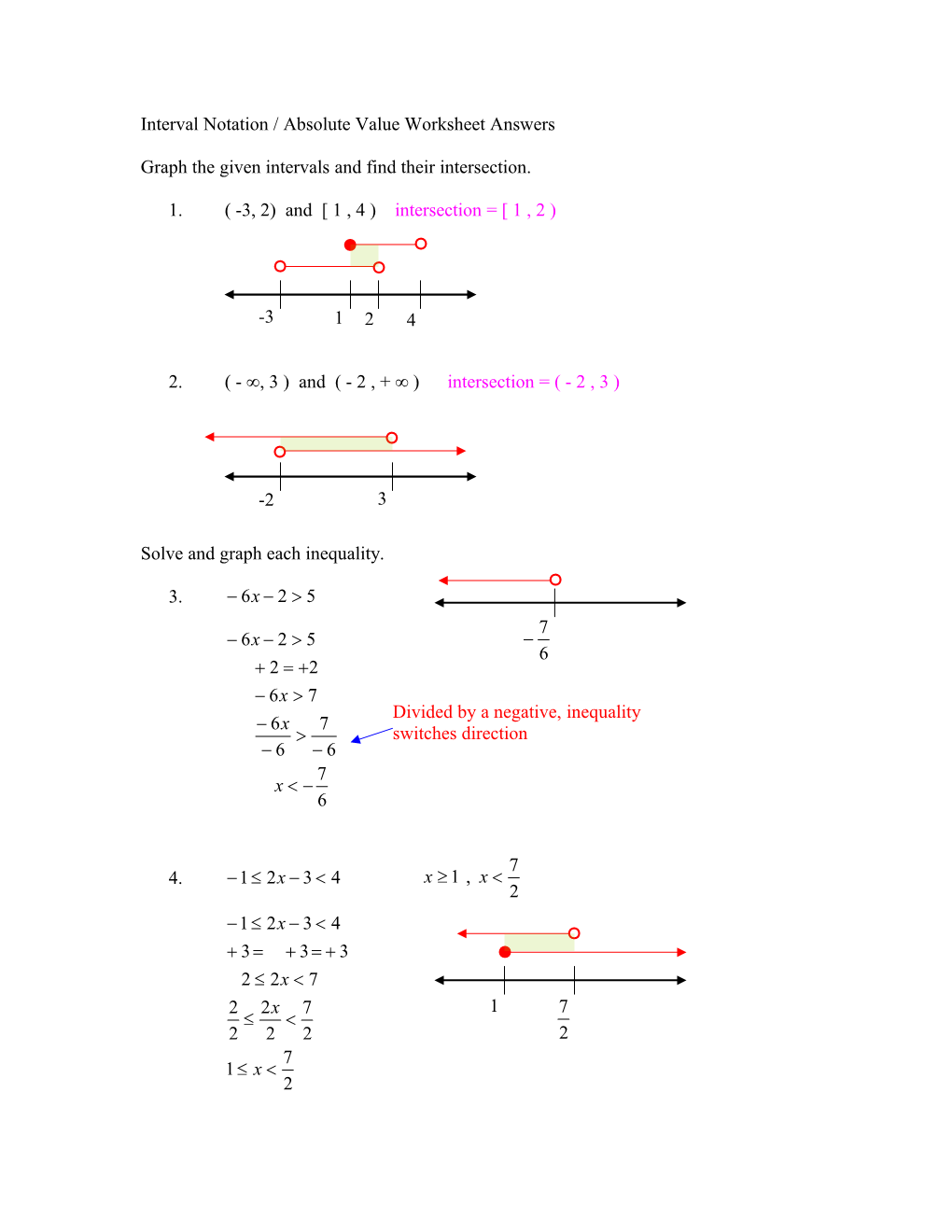 Interval Notation / Absolute Value Worksheet