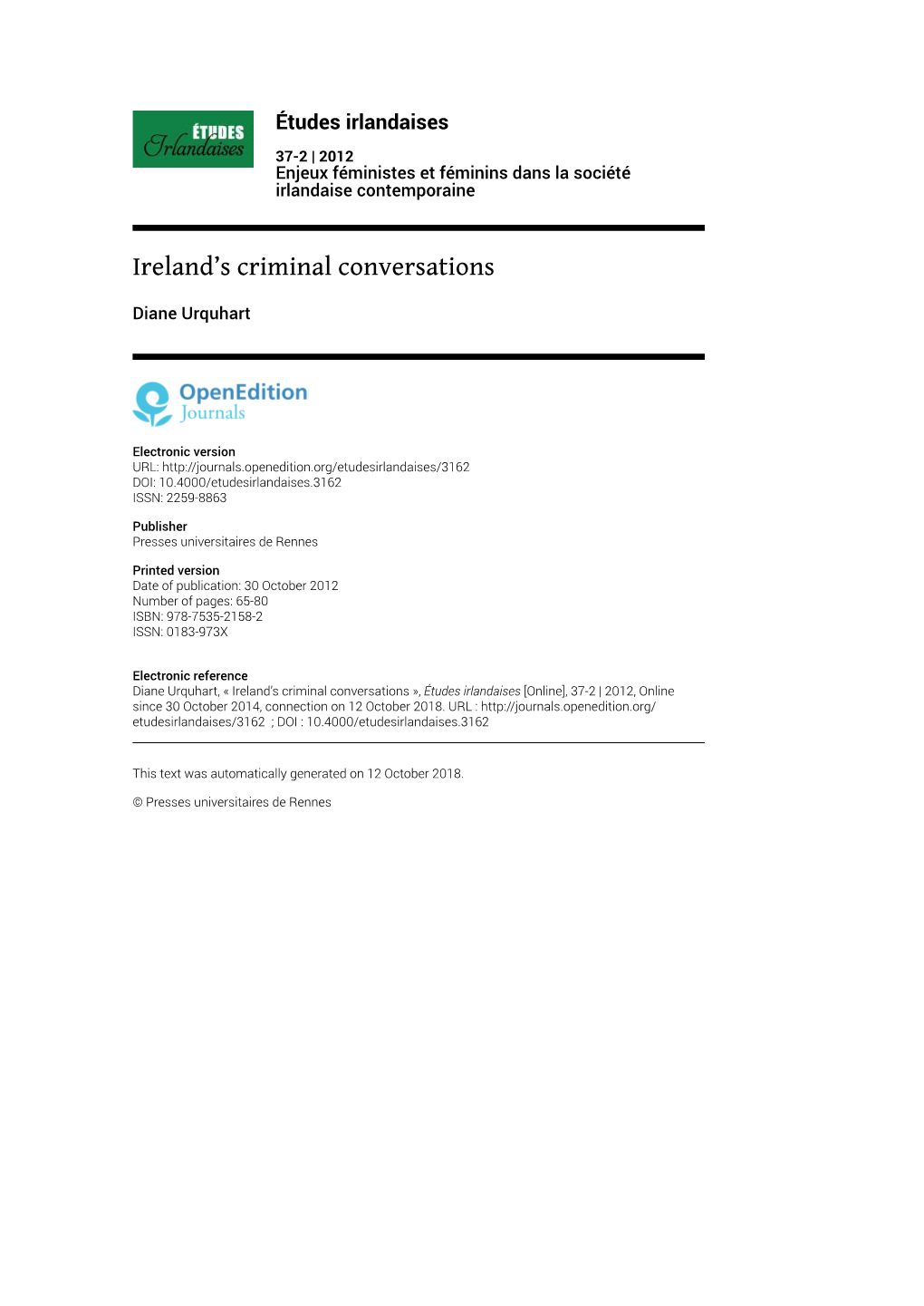 Études Irlandaises, 37-2 | 2014 Ireland’S Criminal Conversations 2