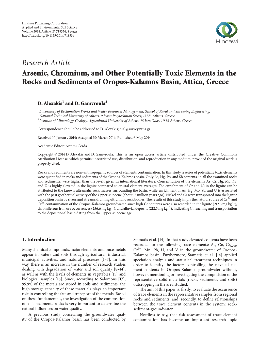 Arsenic, Chromium, and Other Potentially Toxic Elements in the Rocks and Sediments of Oropos-Kalamos Basin, Attica, Greece