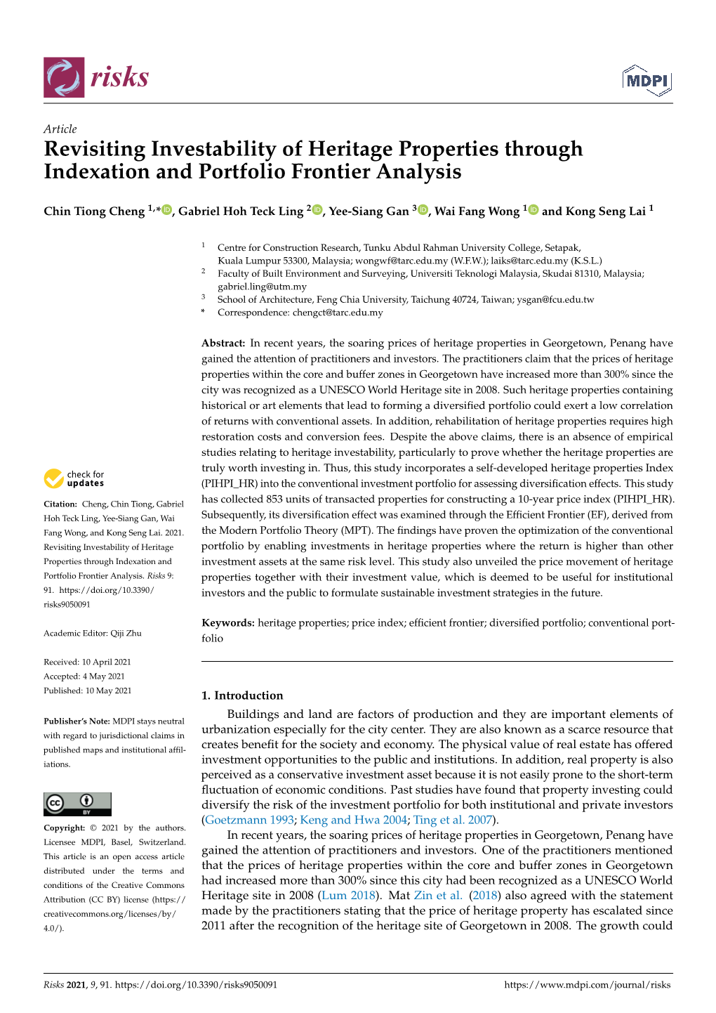 Revisiting Investability of Heritage Properties Through Indexation and Portfolio Frontier Analysis