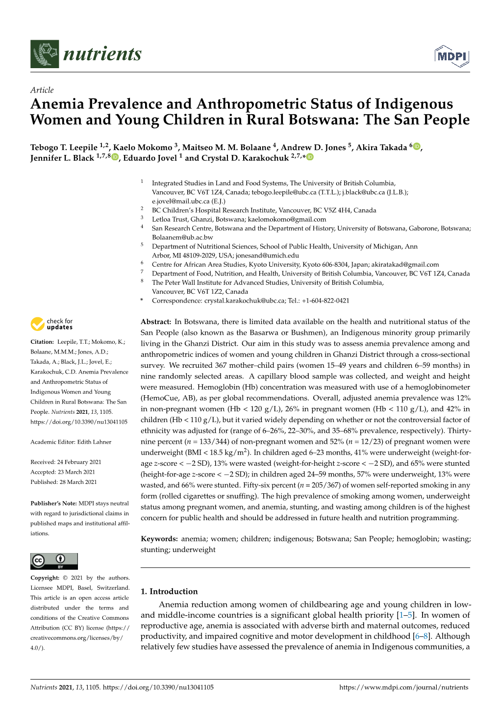 Anemia Prevalence and Anthropometric Status of Indigenous Women and Young Children in Rural Botswana: the San People