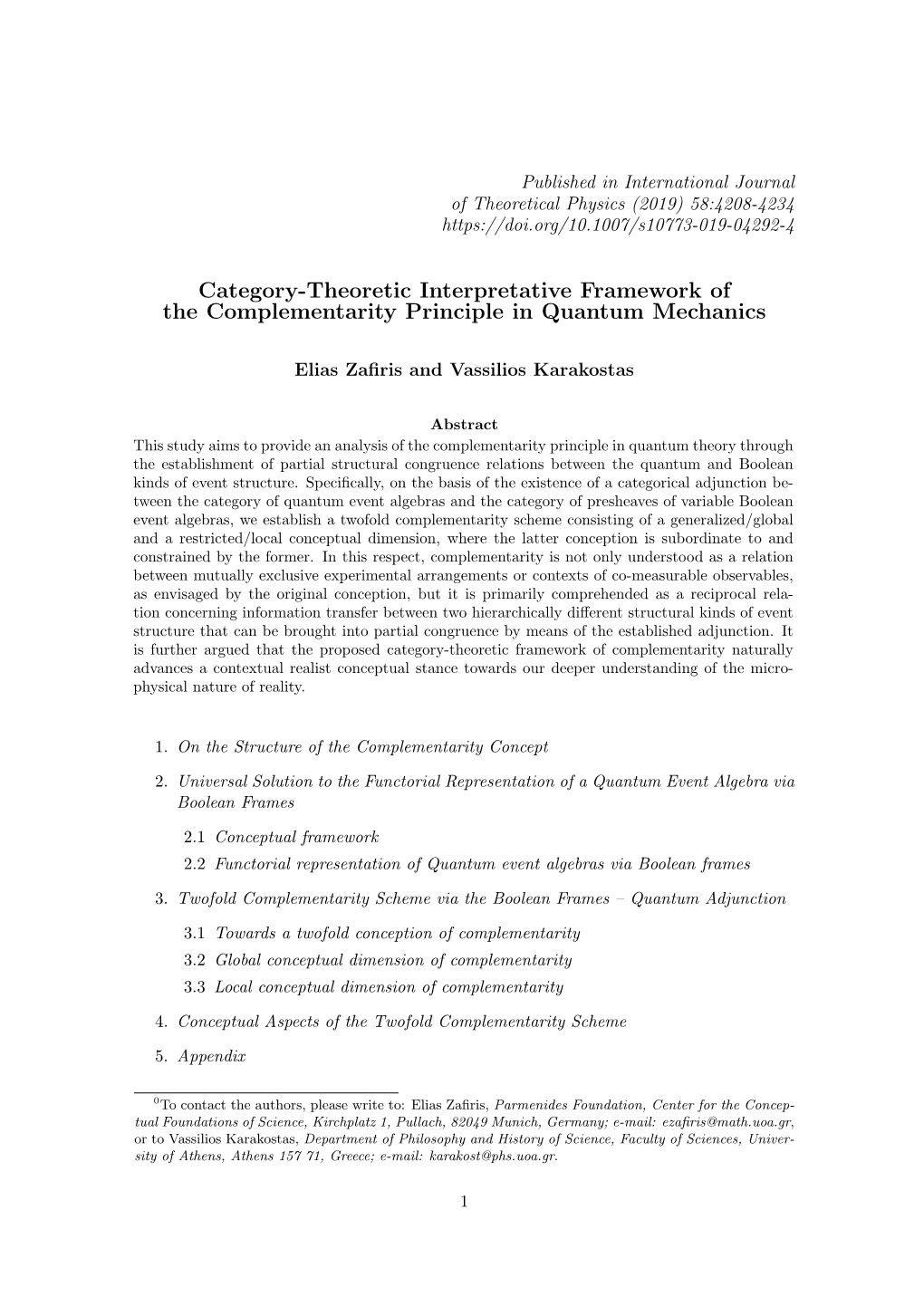Category-Theoretic Interpretative Framework of the Complementarity Principle in Quantum Mechanics