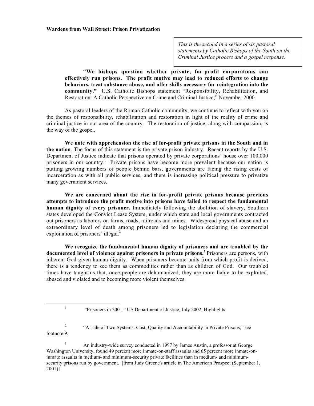 Wardens from Wall Street: Prison Privatization “We Bishops Question Whether Private, For-Profit Corporations Can Effectively R
