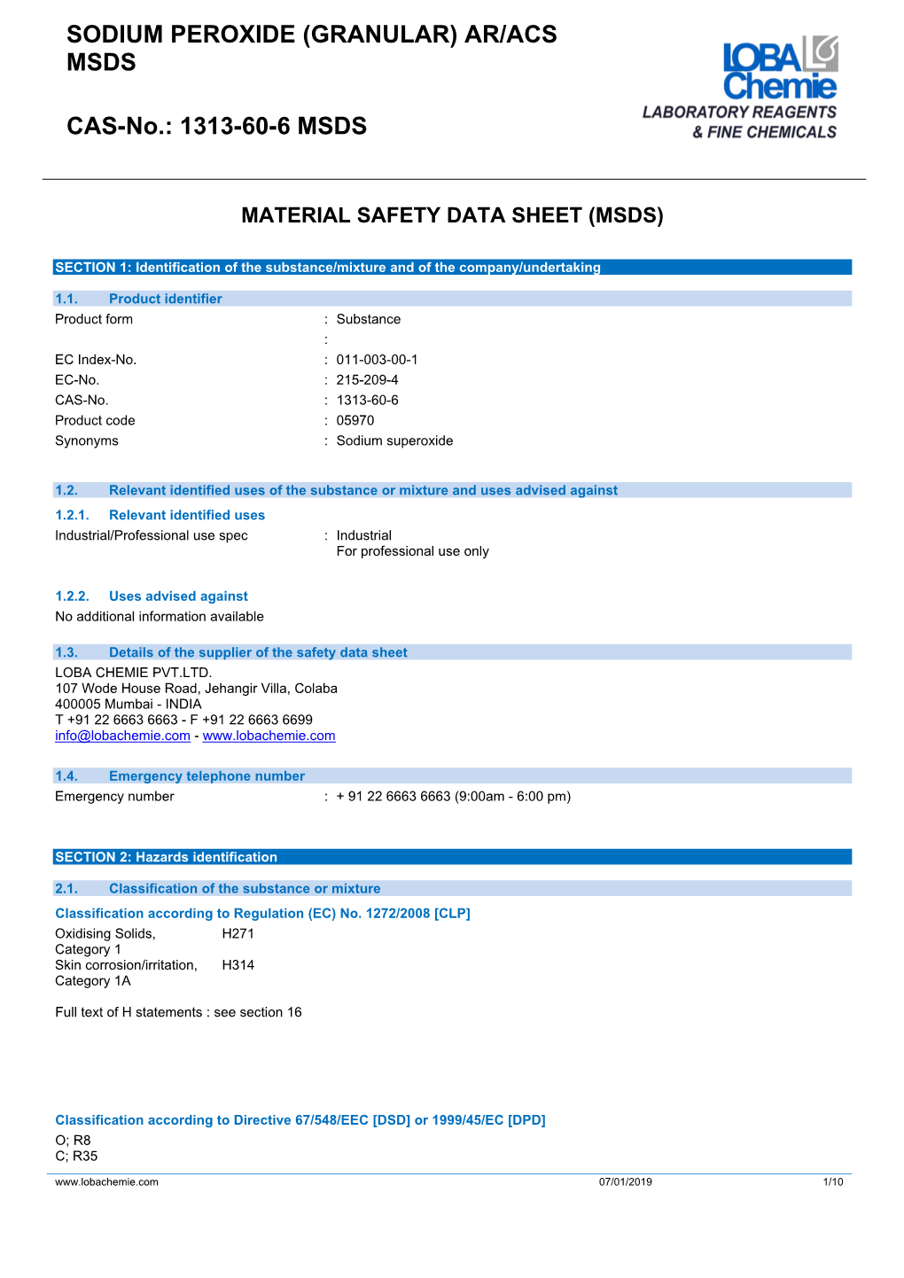 Sodium Peroxide (Granular) Ar/Acs Msds