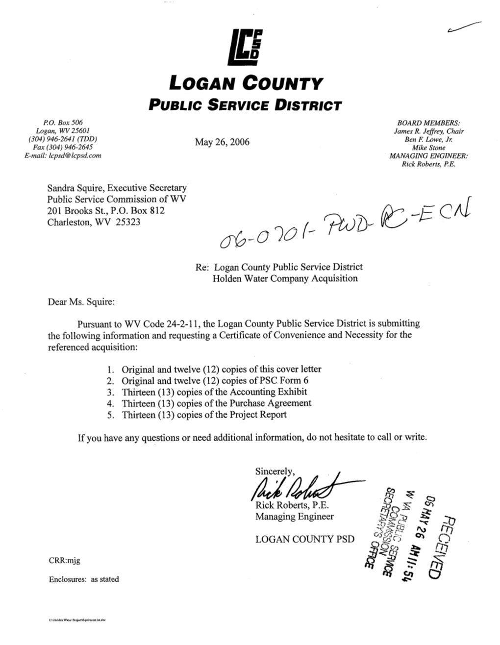 Logan County Public Service District Holden Water Company Acquisition
