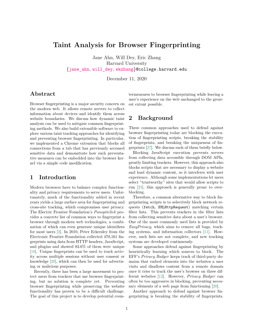 Taint Analysis for Browser Fingerprinting