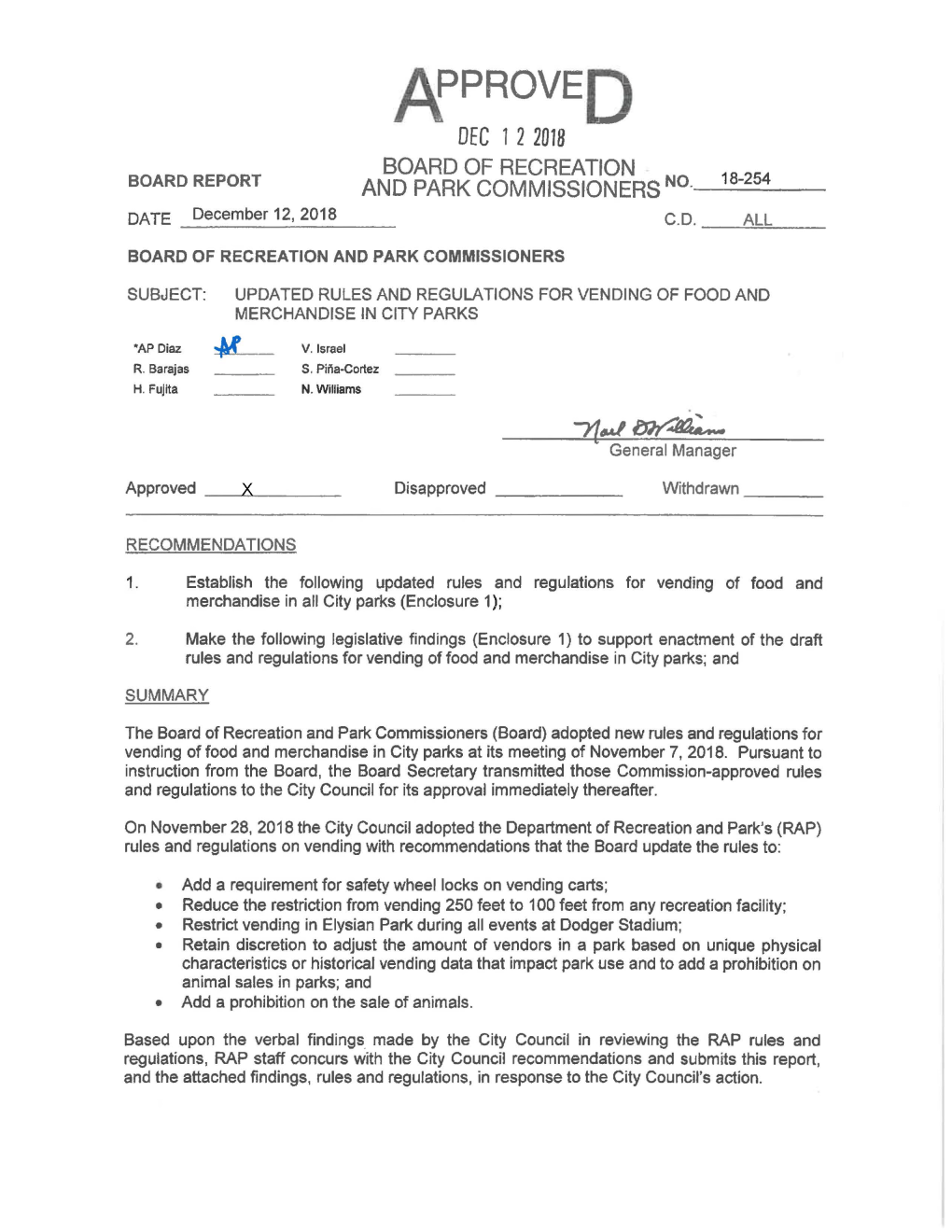 Vending Rules & Regulations Board Report