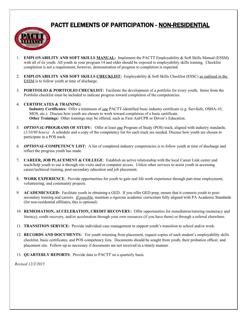 PACTT Elements of Participation for Non-Residential Facilities