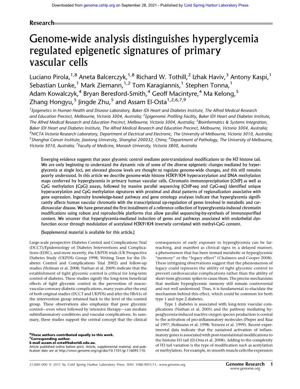 Genome-Wide Analysis Distinguishes Hyperglycemia Regulated Epigenetic Signatures of Primary Vascular Cells