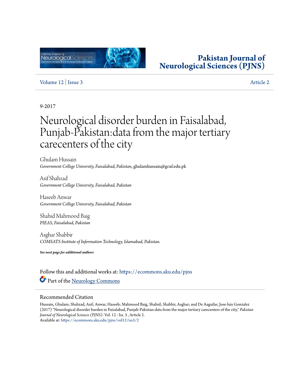 Neurological Disorder Burden in Faisalabad, Punjab-Pakistan:Data