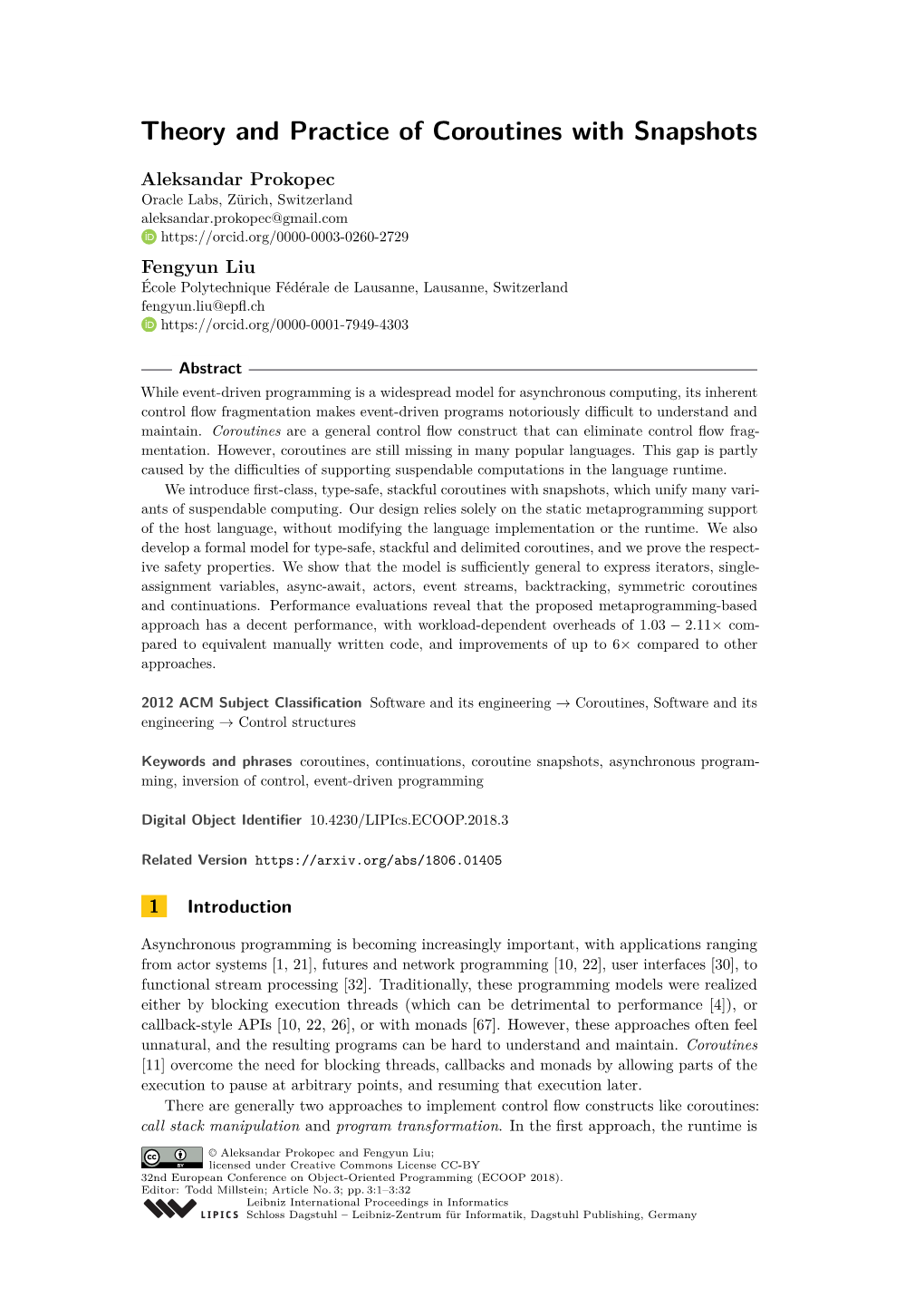 Theory and Practice of Coroutines with Snapshots