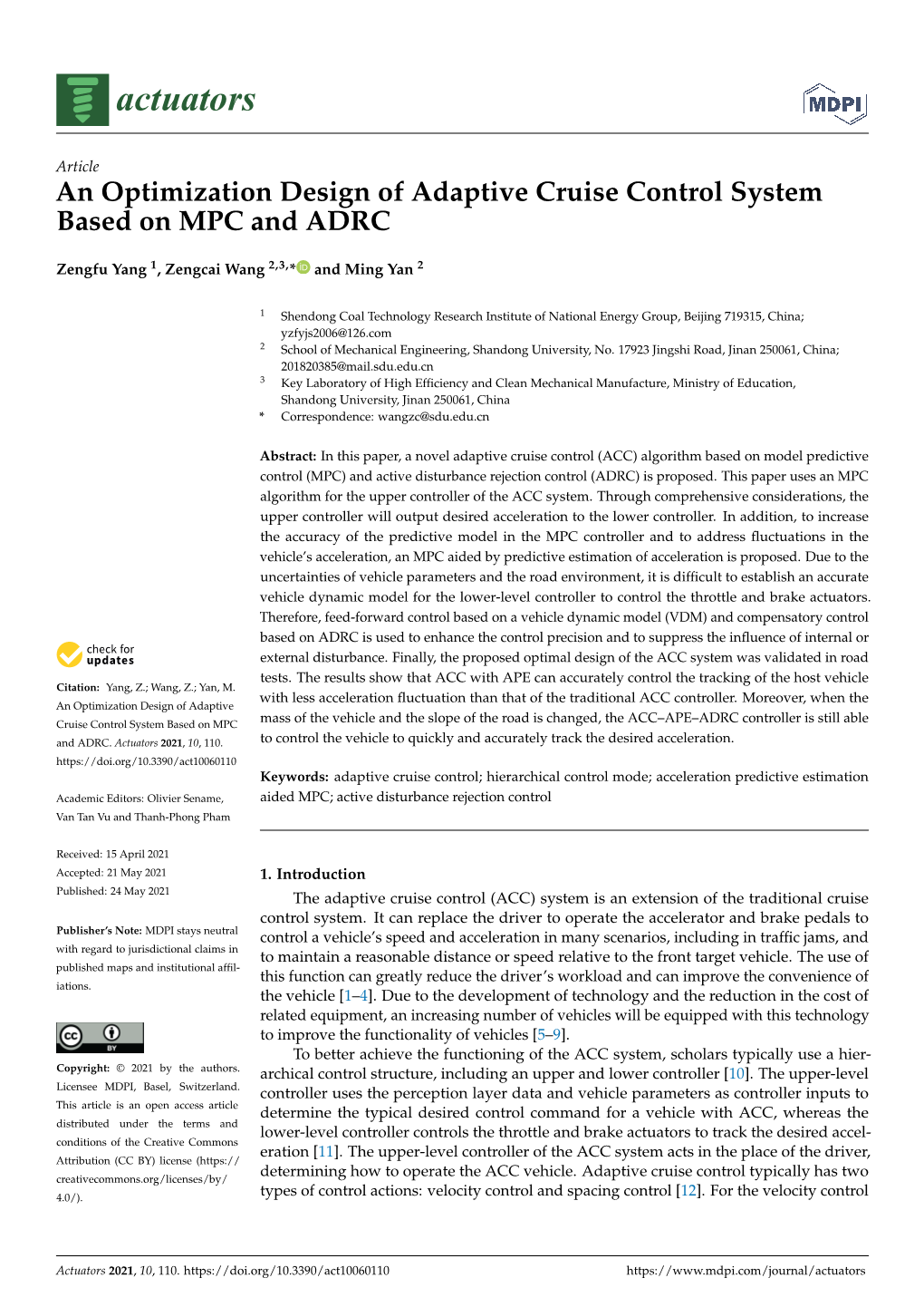 An Optimization Design of Adaptive Cruise Control System Based on MPC and ADRC