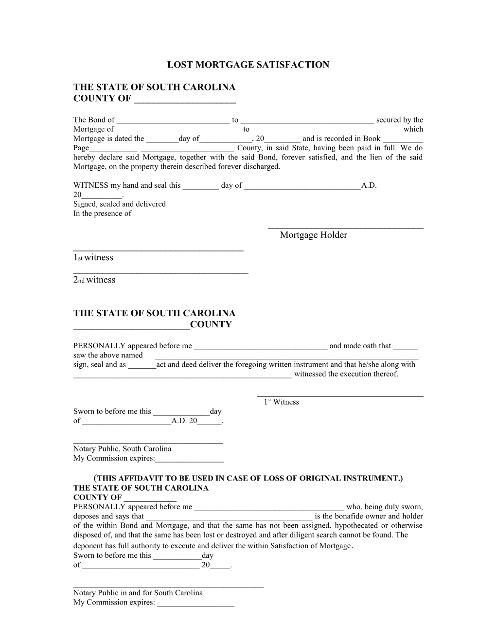 Lost Mortgage Satisfaction Form