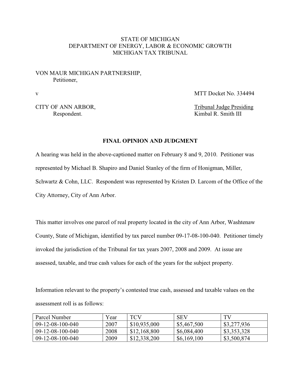 State of Michigan Department of Energy, Labor & Economic Growth Michigan Tax Tribunal