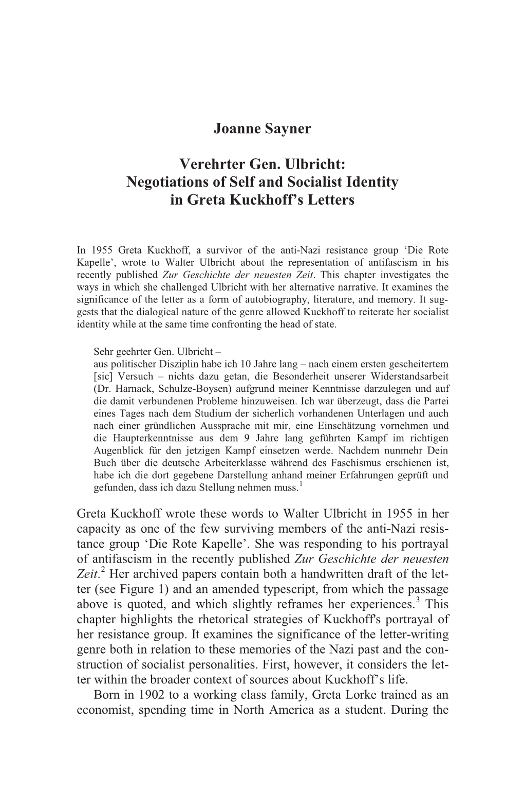 Joanne Sayner Verehrter Gen. Ulbricht: Negotiations of Self and Socialist Identity in Greta Kuckhoff's Letters