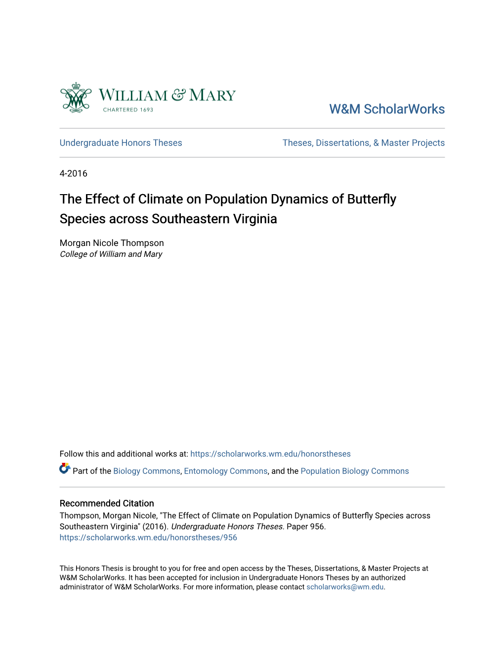 The Effect of Climate on Population Dynamics of Butterfly Species Across Southeastern Virginia
