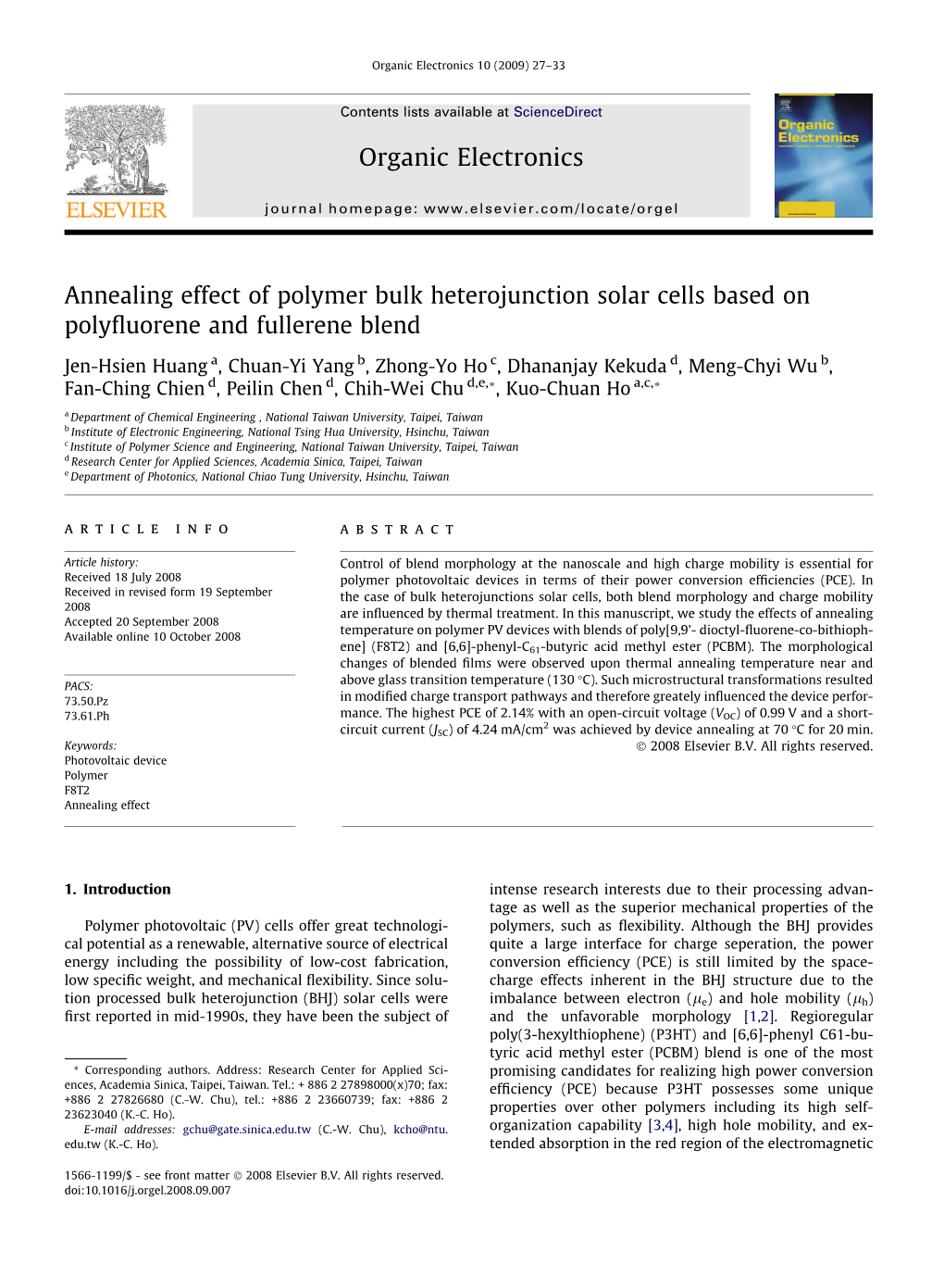 Annealing Effect of Polymer Bulk Heterojunction Solar Cells Based on Polyﬂuorene and Fullerene Blend