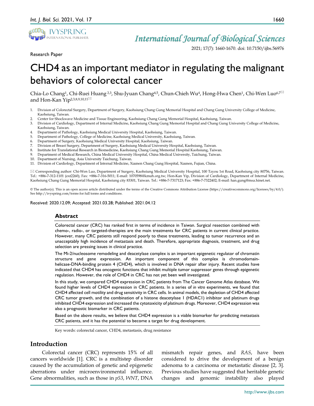 CHD4 As an Important Mediator in Regulating the Malignant Behaviors