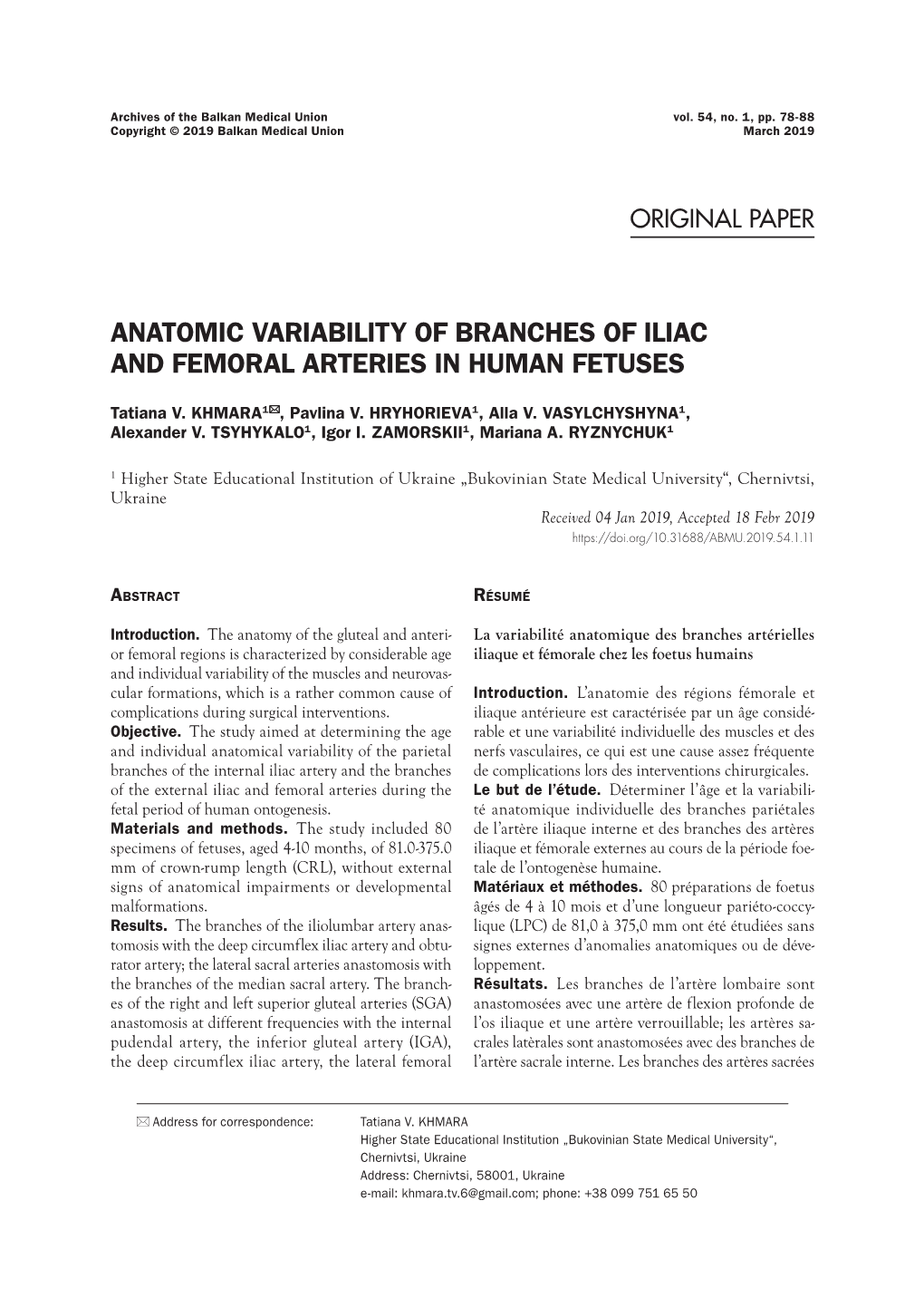 Anatomic Variability of Branches of Iliac and Femoral Arteries in Human Fetuses