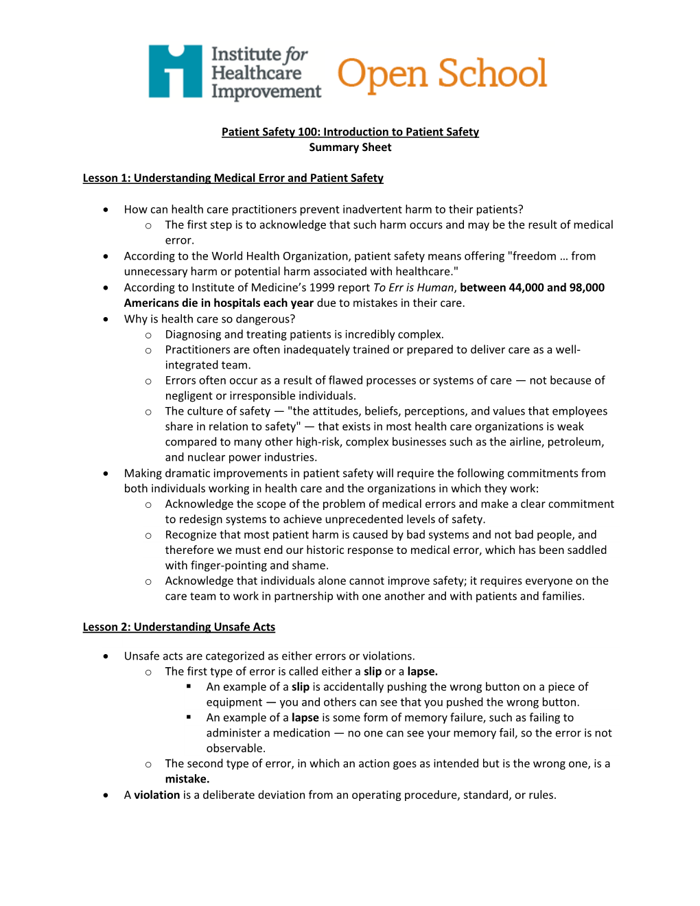 Patient Safety 100: Introduction to Patient Safety Summary Sheet