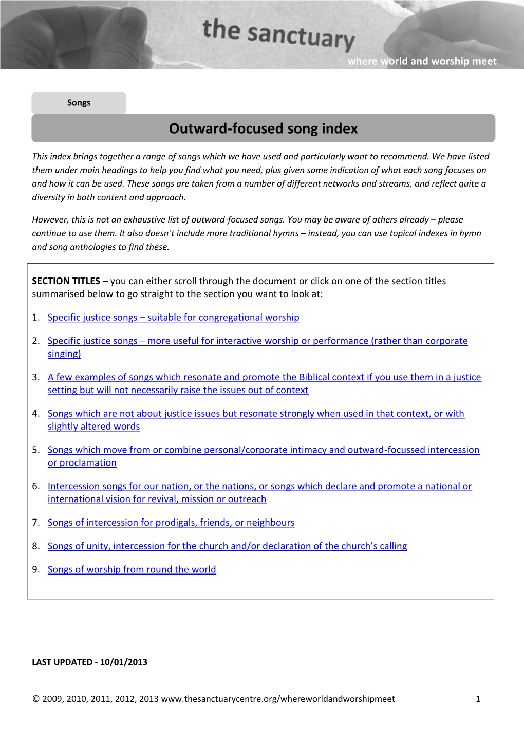 Outward Focused Song Index