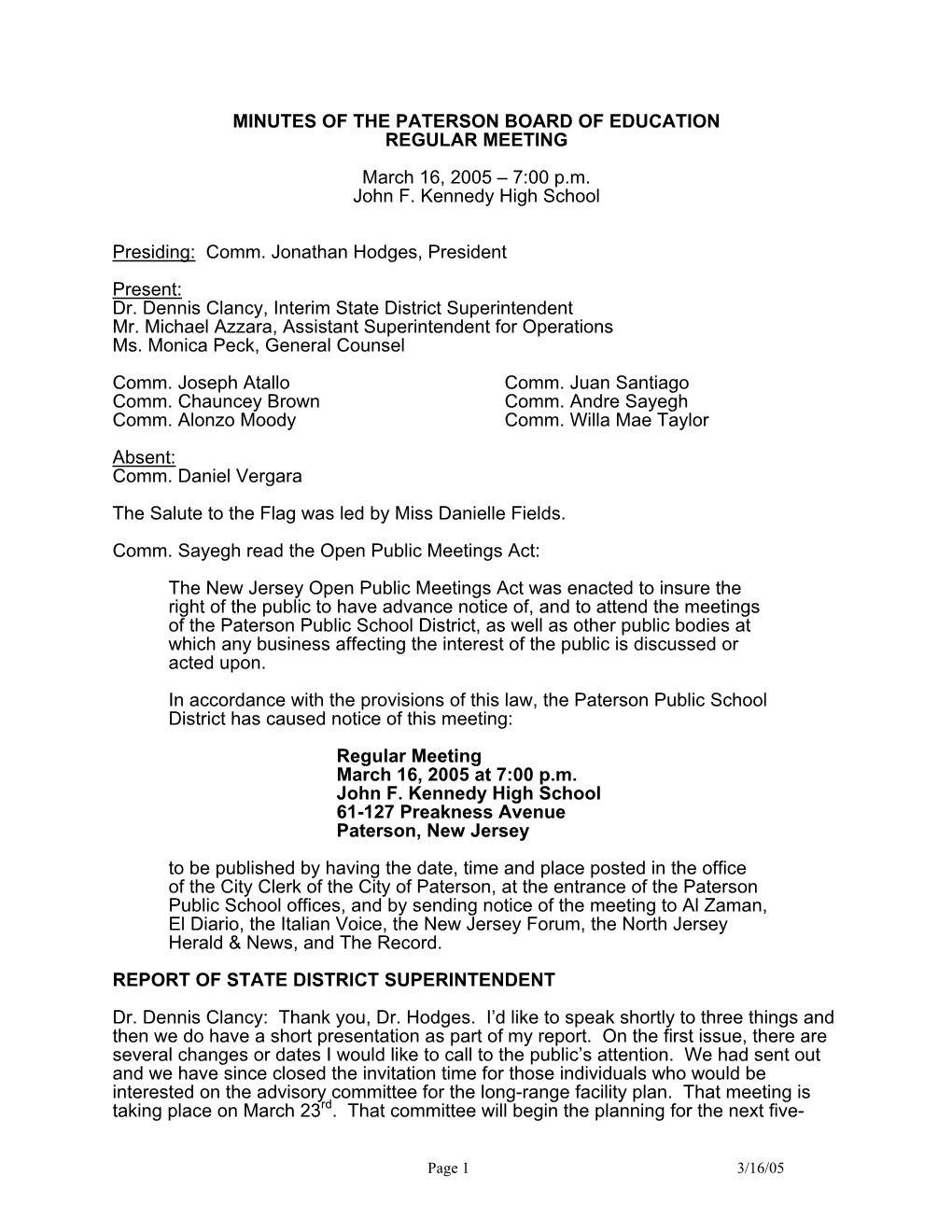 Minutes of the Paterson Board of Education Regular Meeting