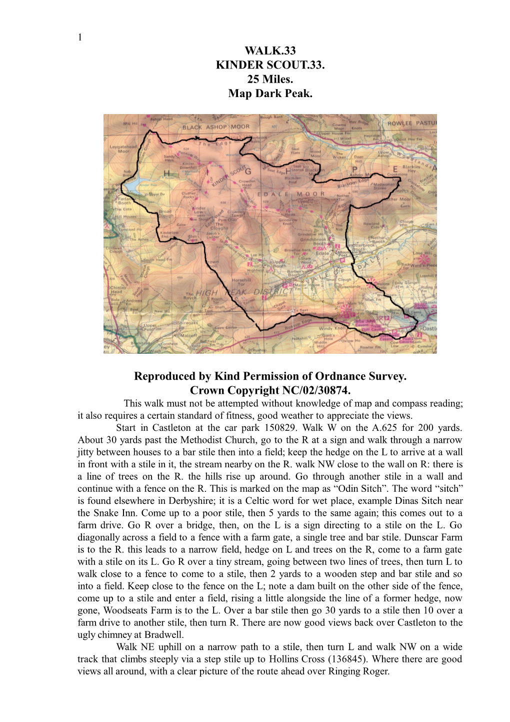 WALK.33 KINDER SCOUT.33. 25 Miles. Map Dark Peak. Reproduced