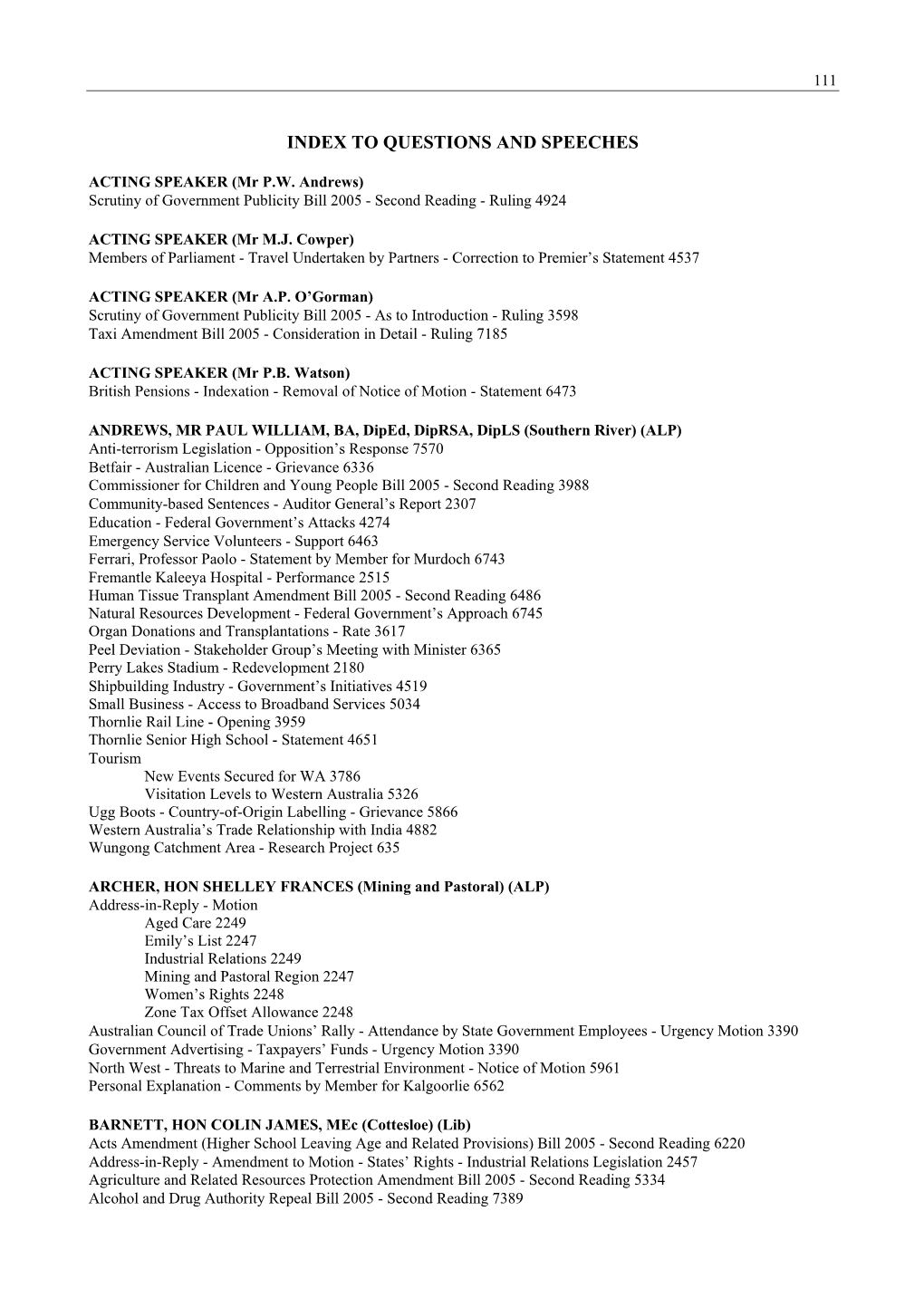 Index to Questions and Speeches