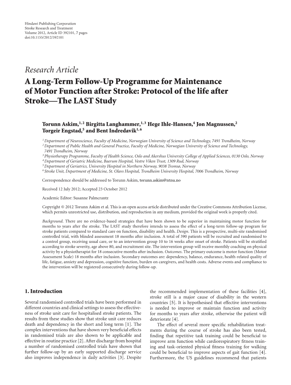 A Long-Term Follow-Up Programme for Maintenance of Motor Function After Stroke: Protocol of the Life After Stroke—The LAST Study