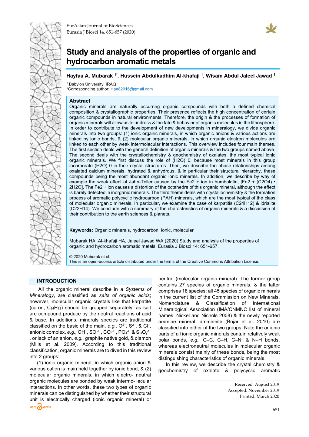 Study and Analysis of the Properties of Organic and Hydrocarbon Aromatic Metals