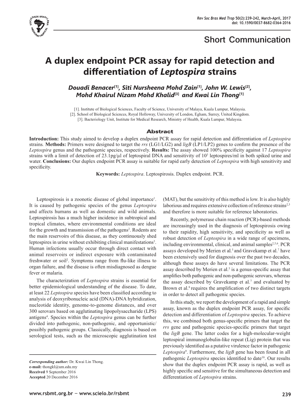 A Duplex Endpoint PCR Assay for Rapid Detection and Differentiation of Leptospira Strains