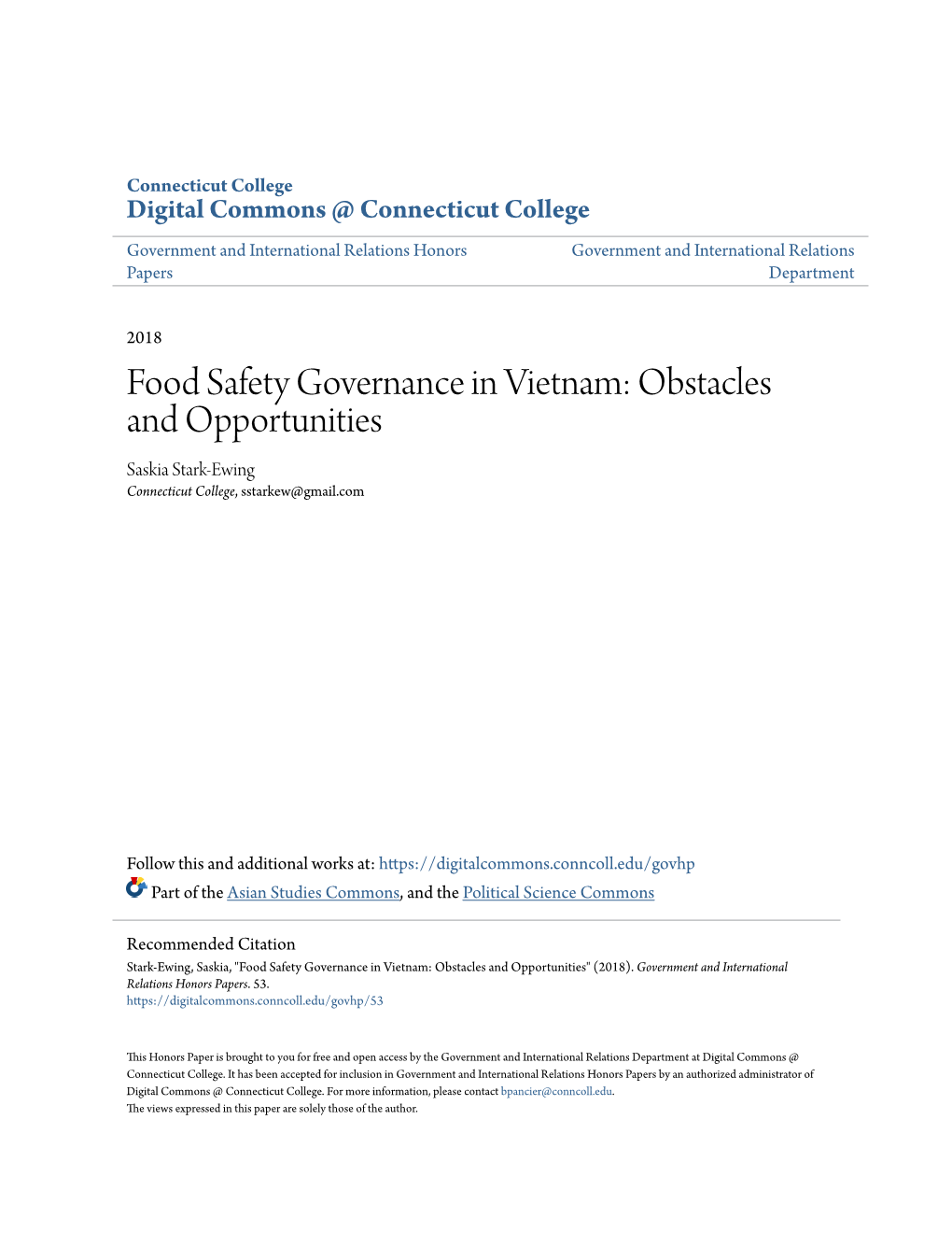 Food Safety Governance in Vietnam: Obstacles and Opportunities Saskia Stark-Ewing Connecticut College, Sstarkew@Gmail.Com