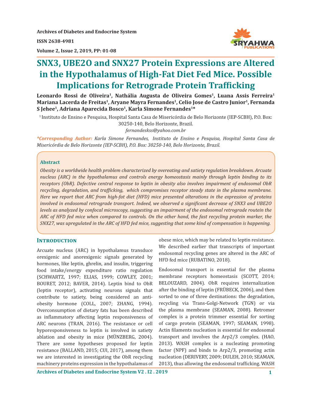 SNX3, UBE2O and SNX27 Protein Expressions Are Altered in the Hypothalamus of High-Fat Diet Fed Mice