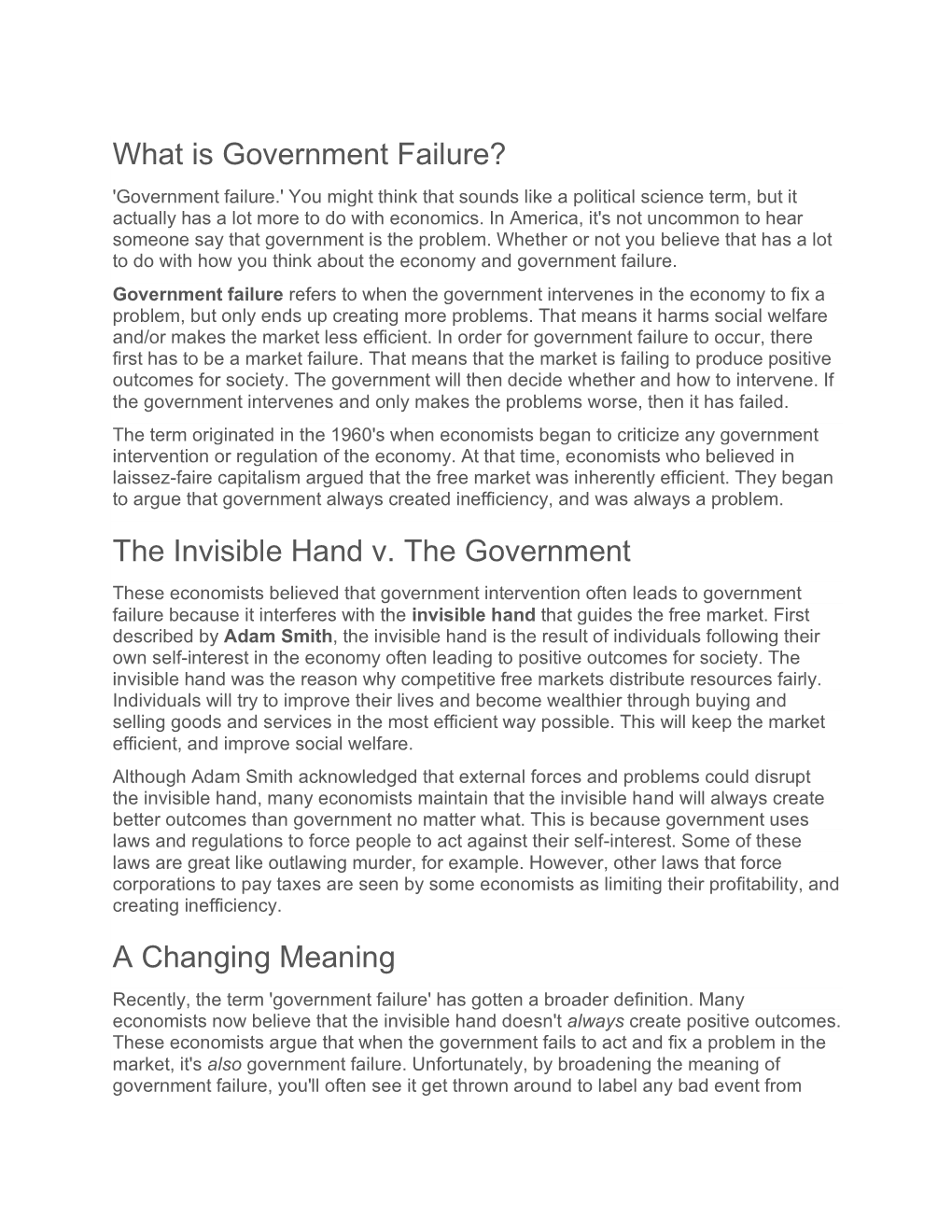 What Is Government Failure? the Invisible Hand V. the Government a Changing Meaning