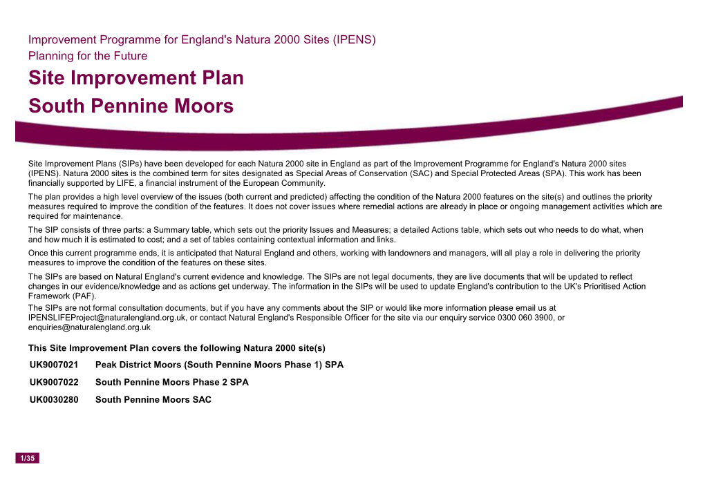 Site Improvement Plan South Pennine Moors